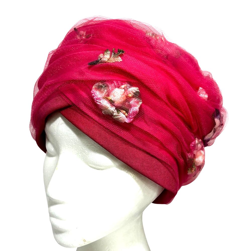 Vintage Woodward & Lothrup pink netting turban style pillbox hat beads & flowers